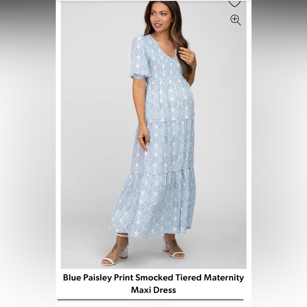 Blue Paisley Print Smocked Tiered Maternity Maxi Dress